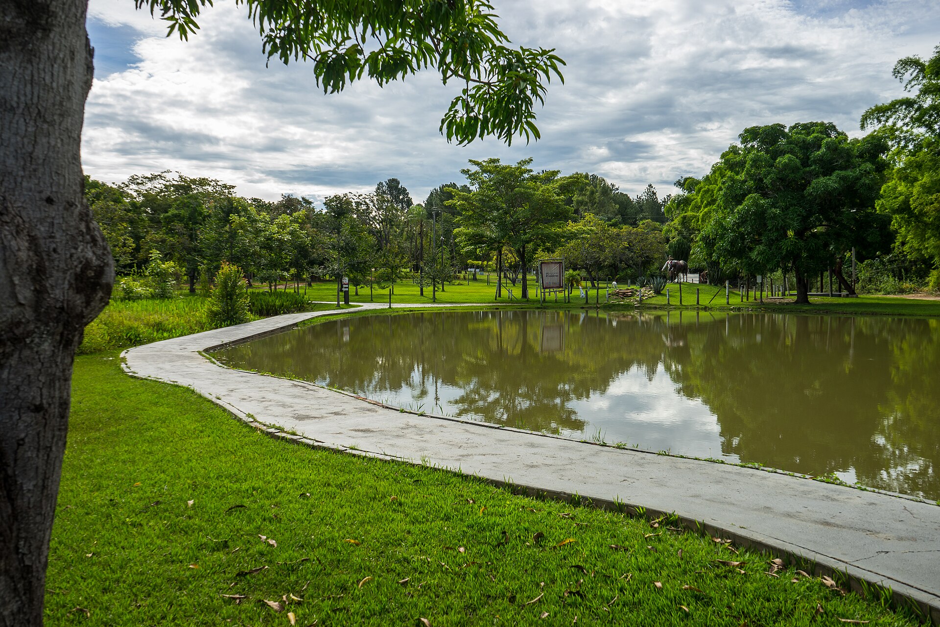Lago e jardins do Lagoa Termas Parque, Caldas Novas, em fotografia de 2018.