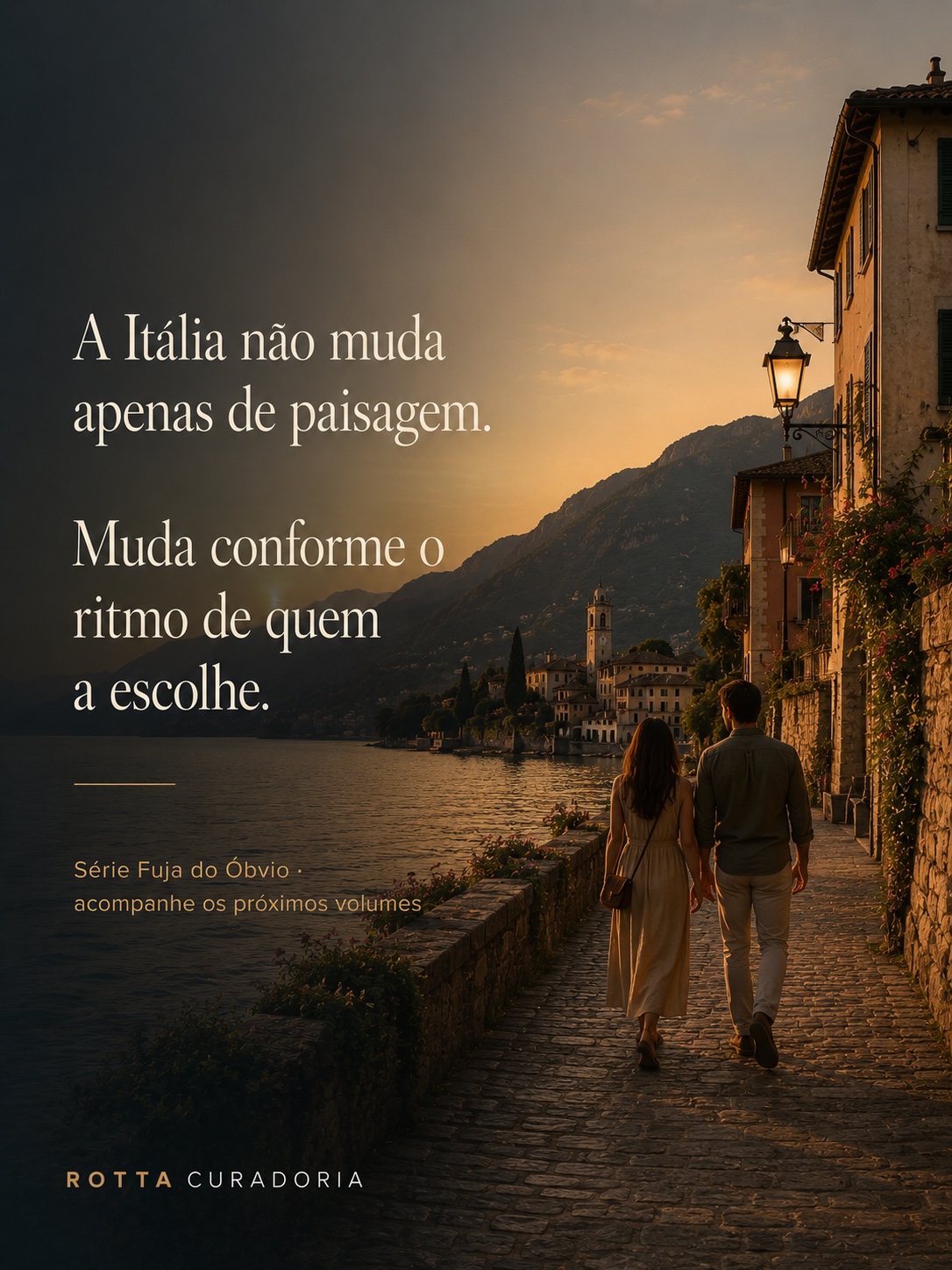 Casal caminhando por uma vila italiana junto a um lago