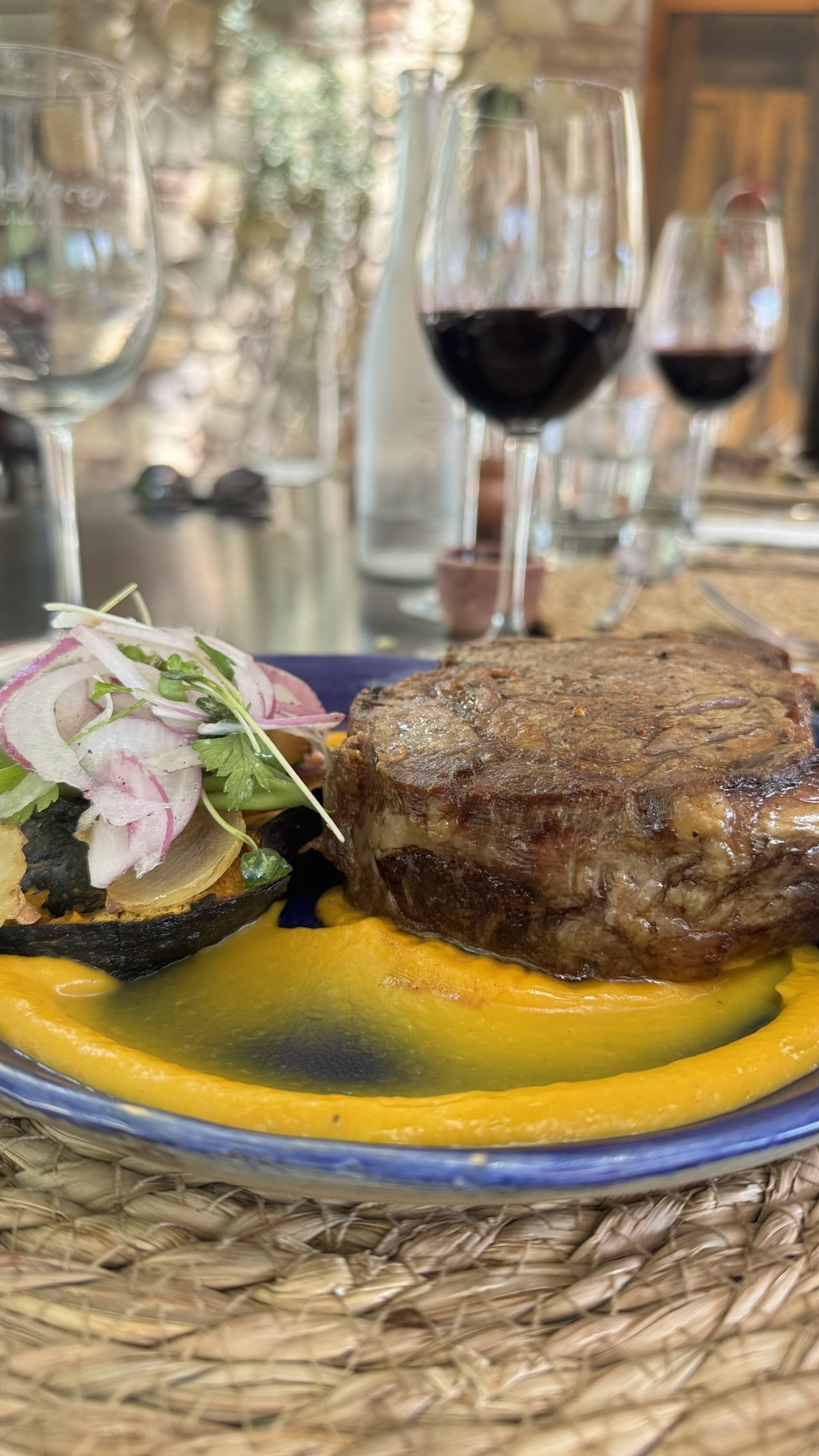 Prato de carne argentina com taca de Malbec