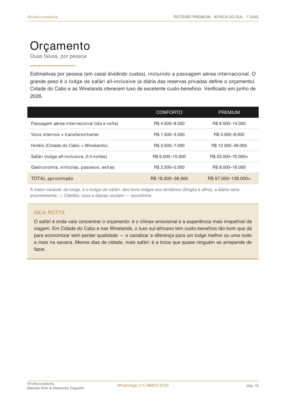 Página real do roteiro de África do Sul: Orçamento real · quanto custa, de verdade