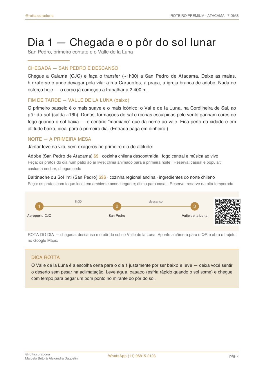Página real do roteiro de Atacama: Dia a dia · cada dia planejado