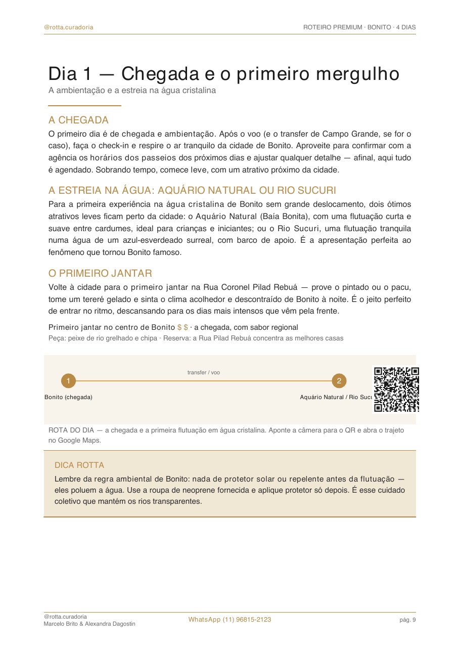 Página real do roteiro de Bonito: Dia a dia · cada dia planejado