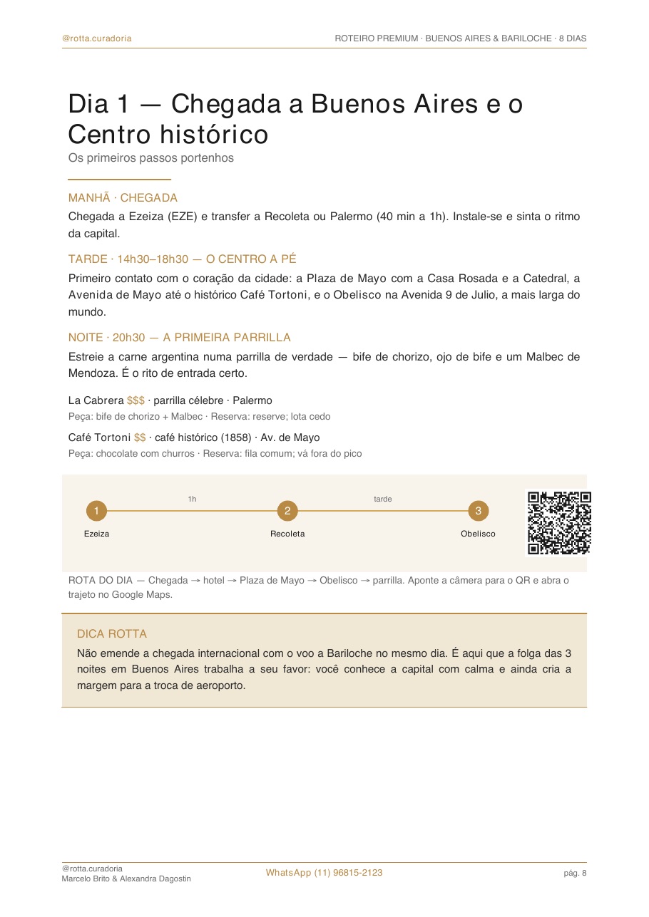 Página real do roteiro de Buenos Aires & Bariloche: Dia a dia · cada dia planejado