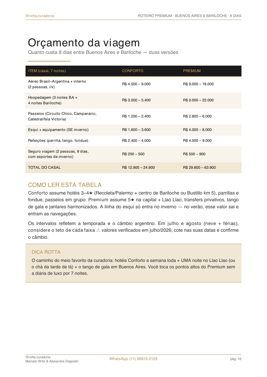 Página real do roteiro de Buenos Aires & Bariloche: Orçamento real · quanto custa, de verdade