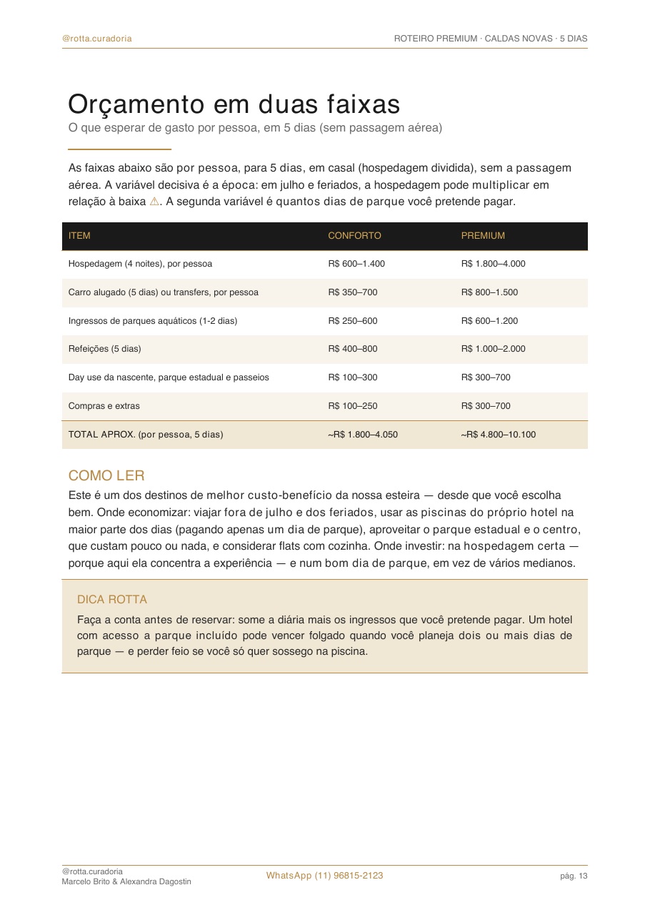 Página real do roteiro de Caldas Novas: Orçamento real · quanto custa, de verdade