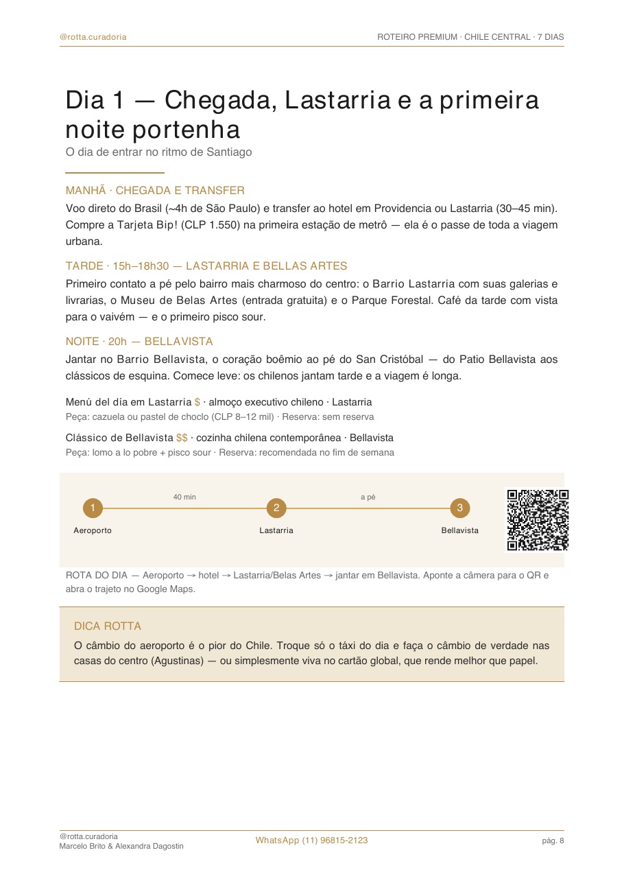 Página real do roteiro de Chile Central: Dia a dia · cada dia planejado