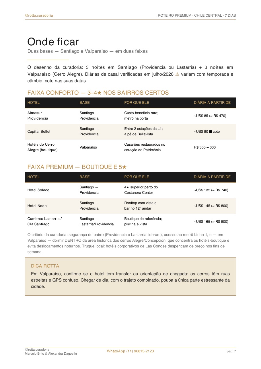 Página real do roteiro de Chile Central: Onde ficar · bairros e hotéis curados