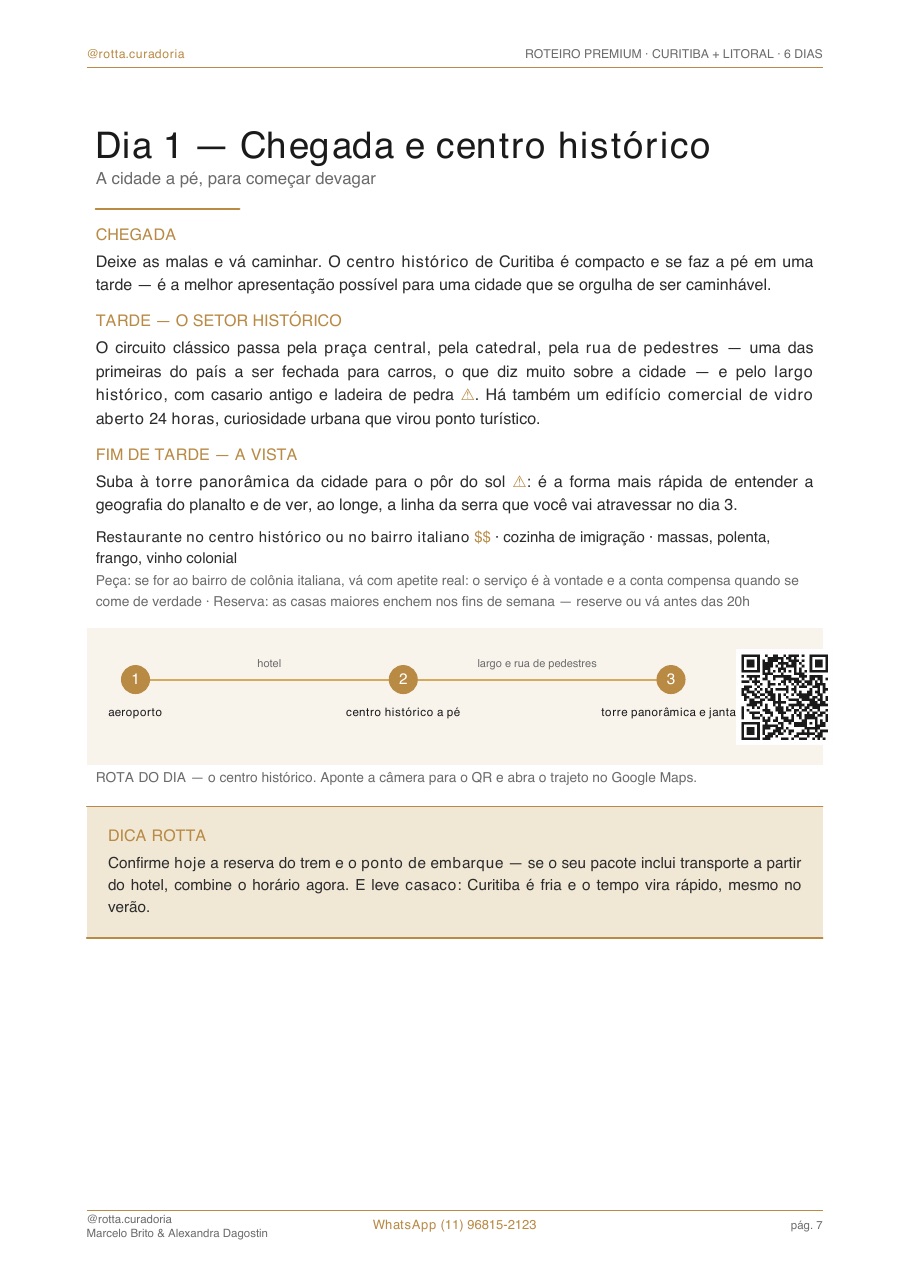 Página real do roteiro de Curitiba & Litoral: Dia a dia · cada dia planejado