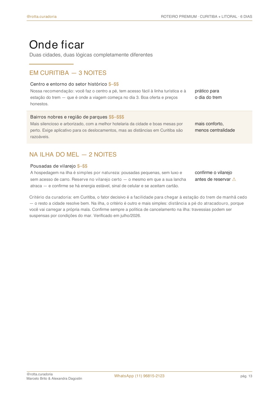 Página real do roteiro de Curitiba & Litoral: Onde ficar · bairros e hotéis curados