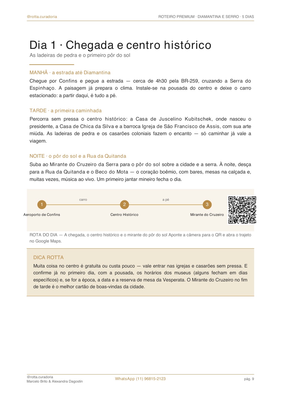 Página real do roteiro de Diamantina & Serro: Dia a dia · cada dia planejado