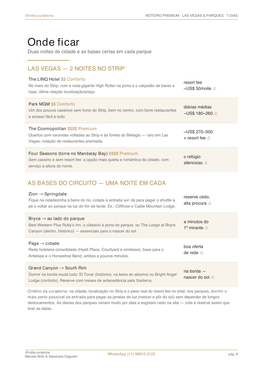 Página real do roteiro de Las Vegas & Parques: Onde ficar · bairros e hotéis curados