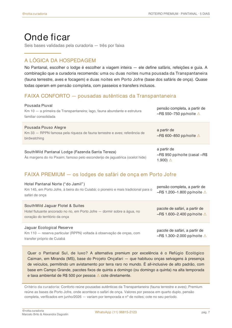 Página real do roteiro de Pantanal: Onde ficar · bairros e hotéis curados