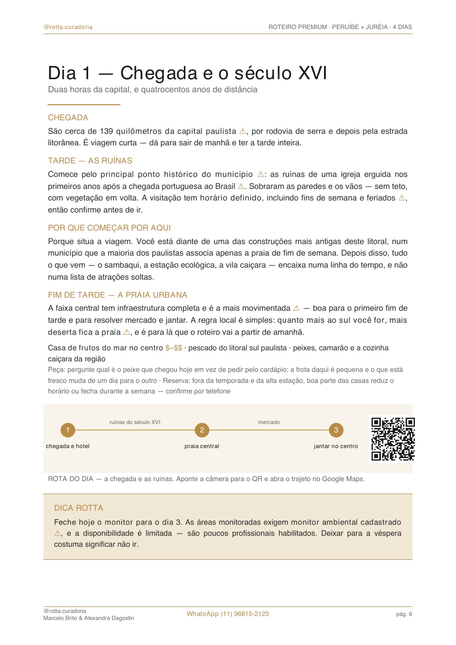 Página real do roteiro de Peruíbe & Juréia: Dia a dia · cada dia planejado