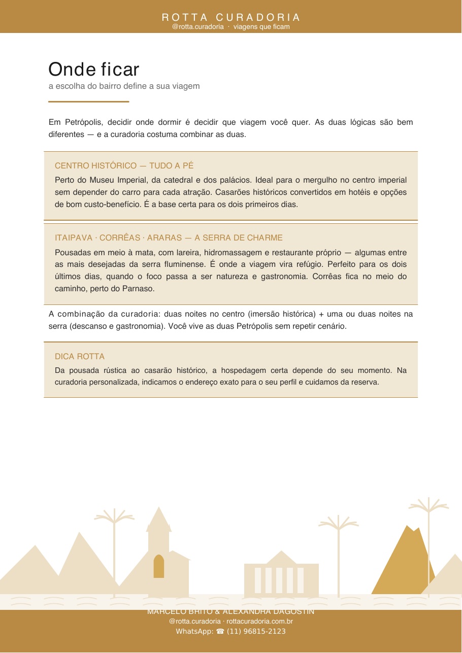 Página real do roteiro de Petrópolis: Onde ficar · bairros e hotéis curados