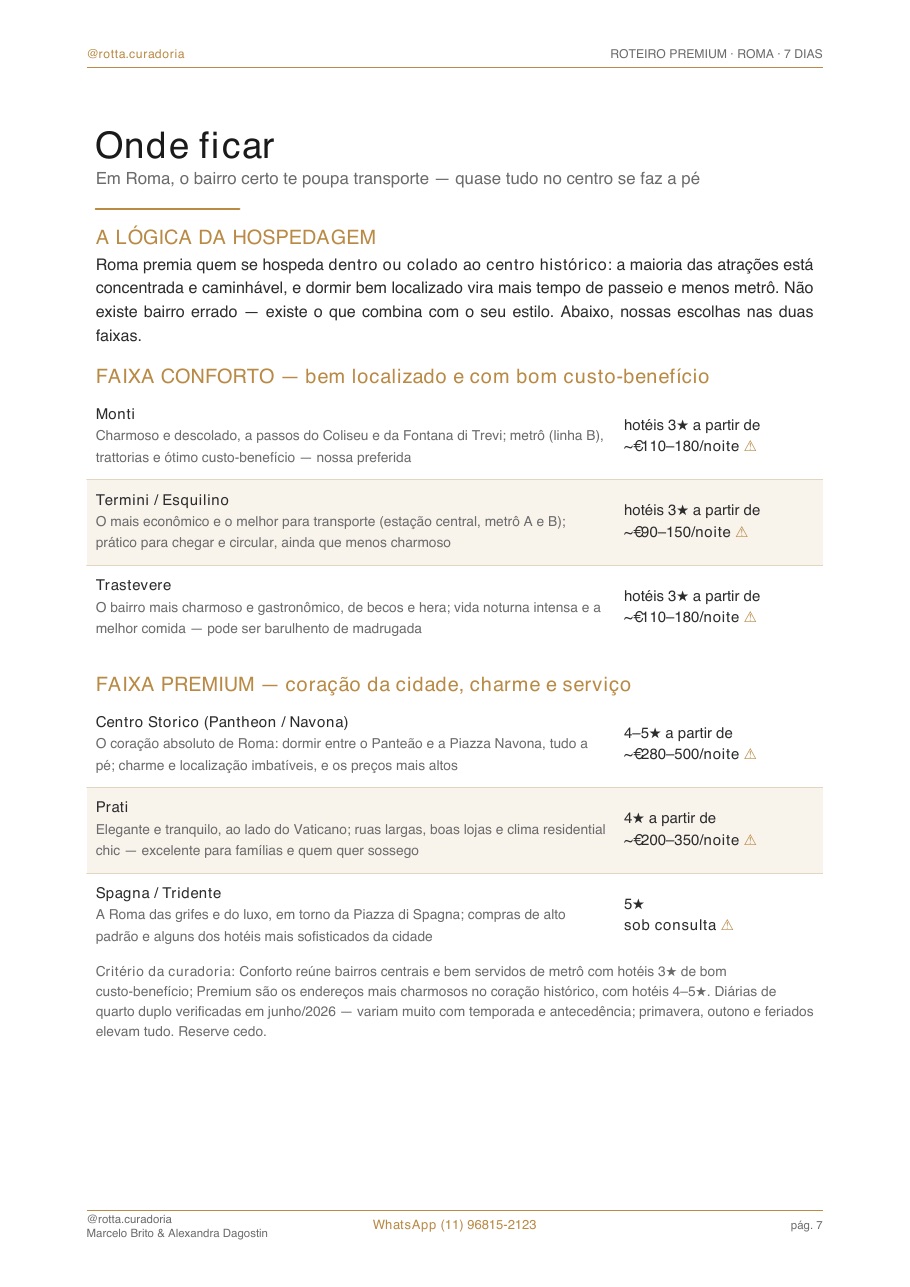 Página real do roteiro de Roma: Onde ficar · bairros e hotéis curados