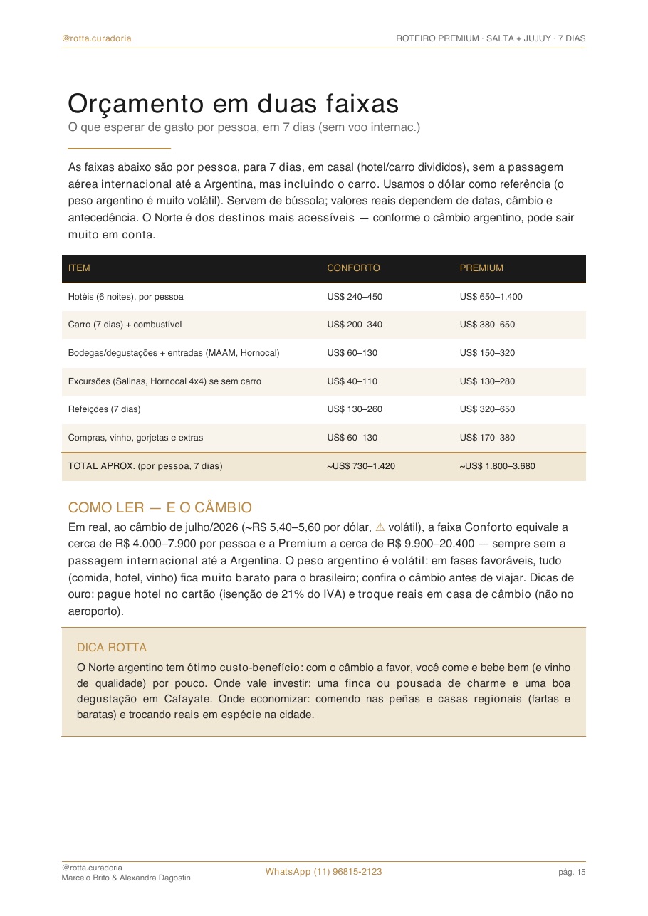 Página real do roteiro de Salta: Orçamento real · quanto custa, de verdade