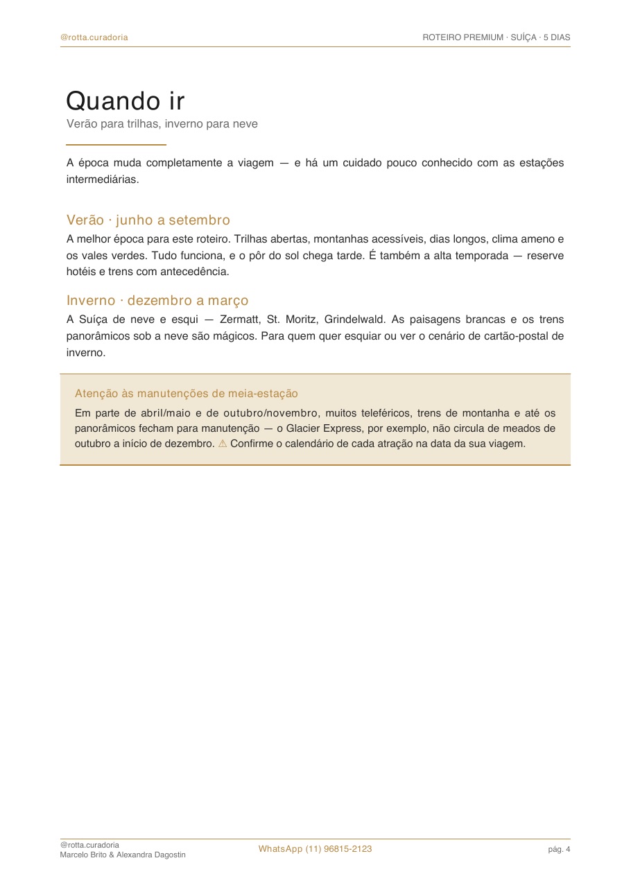 Página real do roteiro de Suíça: Quando ir · época certa, sem achismo