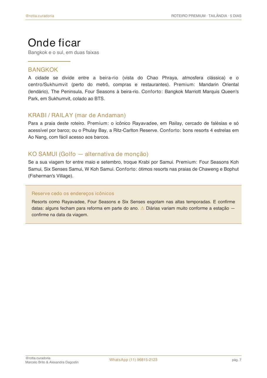 Página real do roteiro de Tailândia: Onde ficar · bairros e hotéis curados