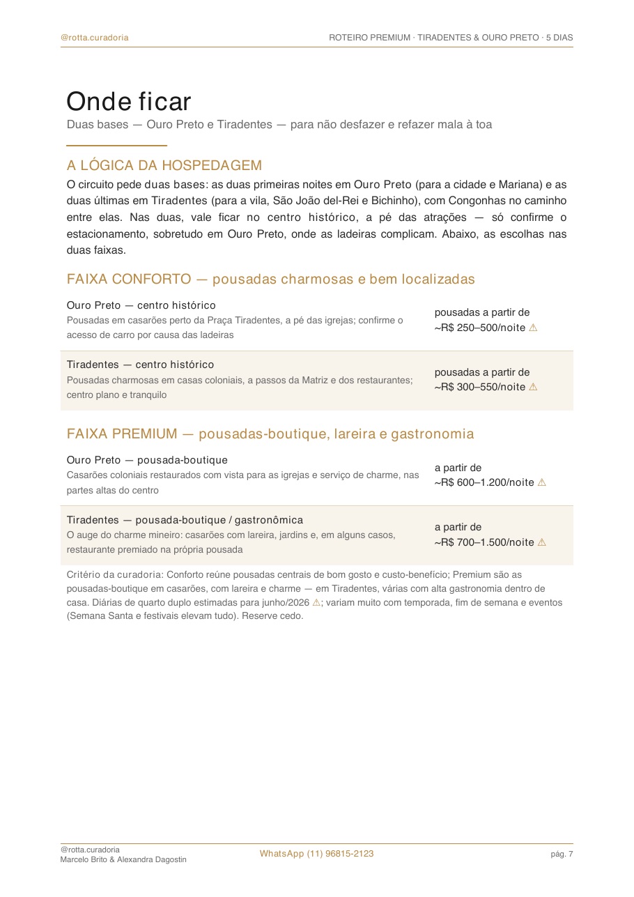 Página real do roteiro de Tiradentes & Ouro Preto: Onde ficar · bairros e hotéis curados