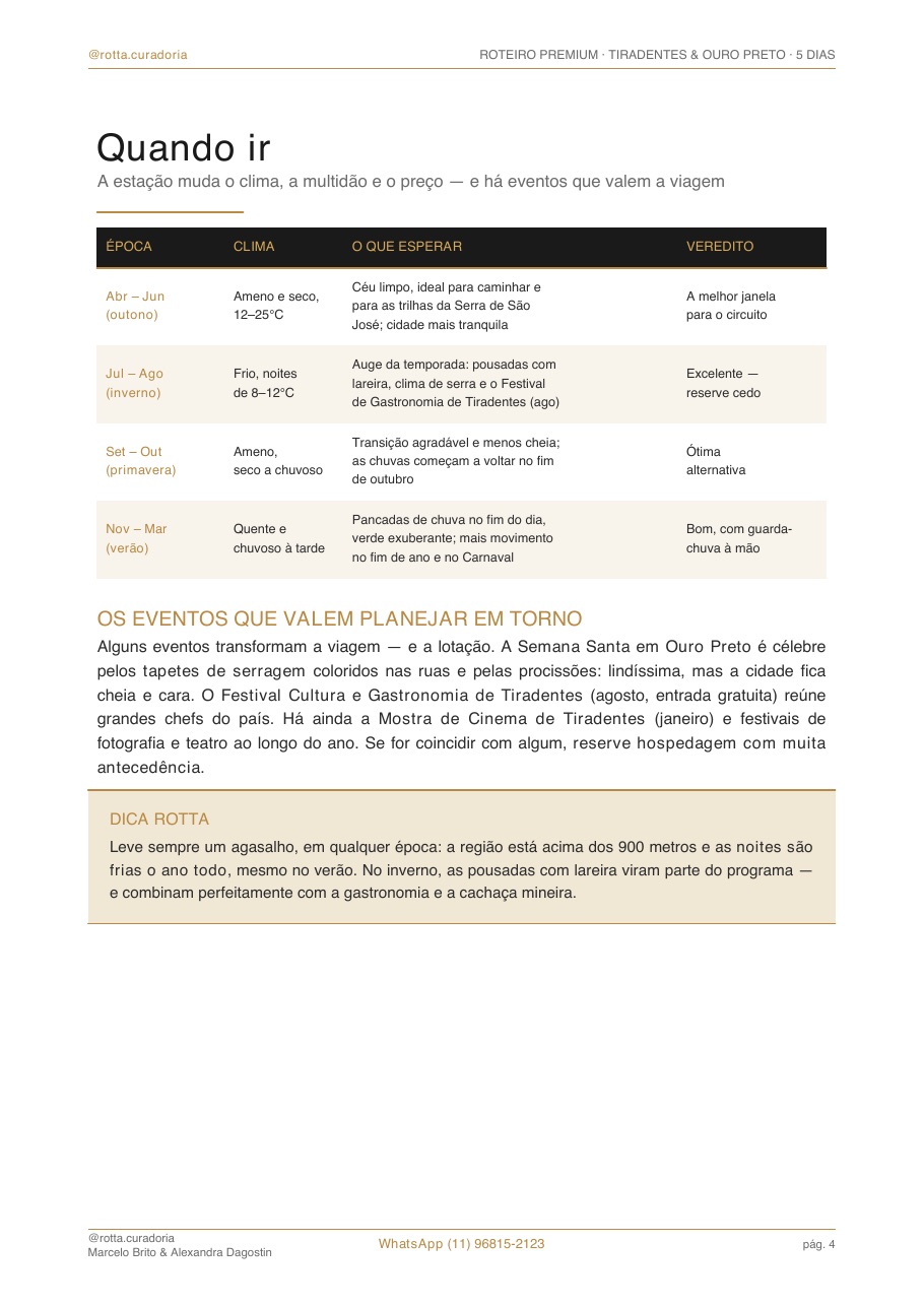 Página real do roteiro de Tiradentes & Ouro Preto: Quando ir · época certa, sem achismo