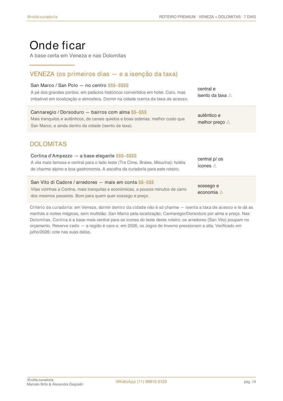 Página real do roteiro de Veneza & Dolomitas: Onde ficar · bairros e hotéis curados